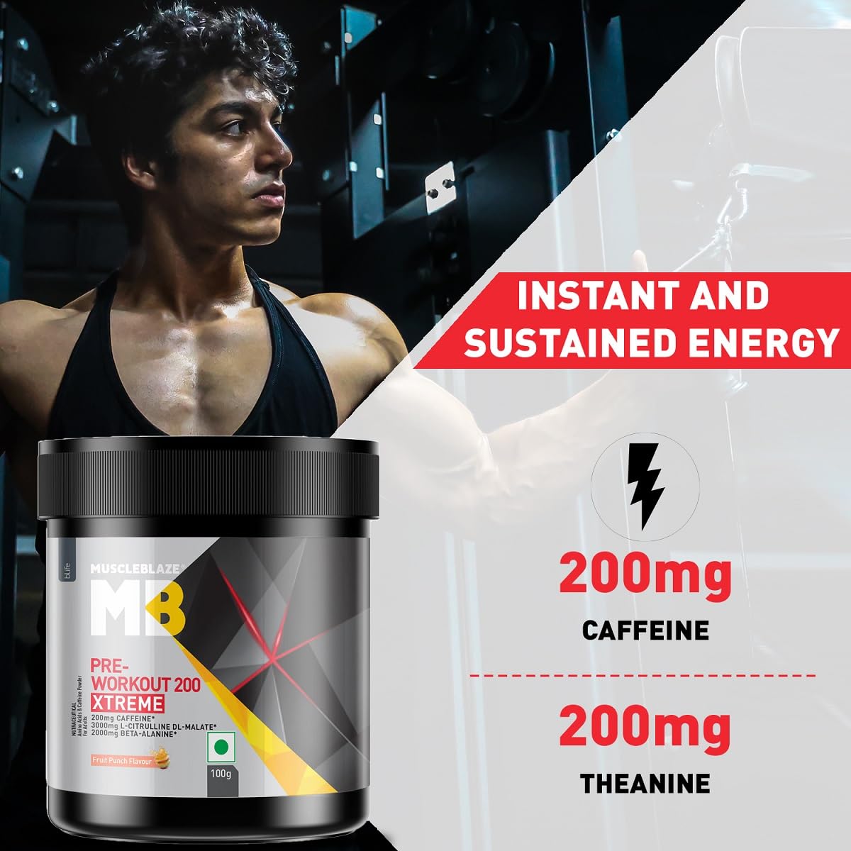 MuscleBlaze Pre Workout 200 Xtreme (Fruit Punch, 15 Servings, 100g) | 200mg Caffeine, 200mg Theanine, 2000mg Beta Alanine, 3000mg Citrulline - Image 6