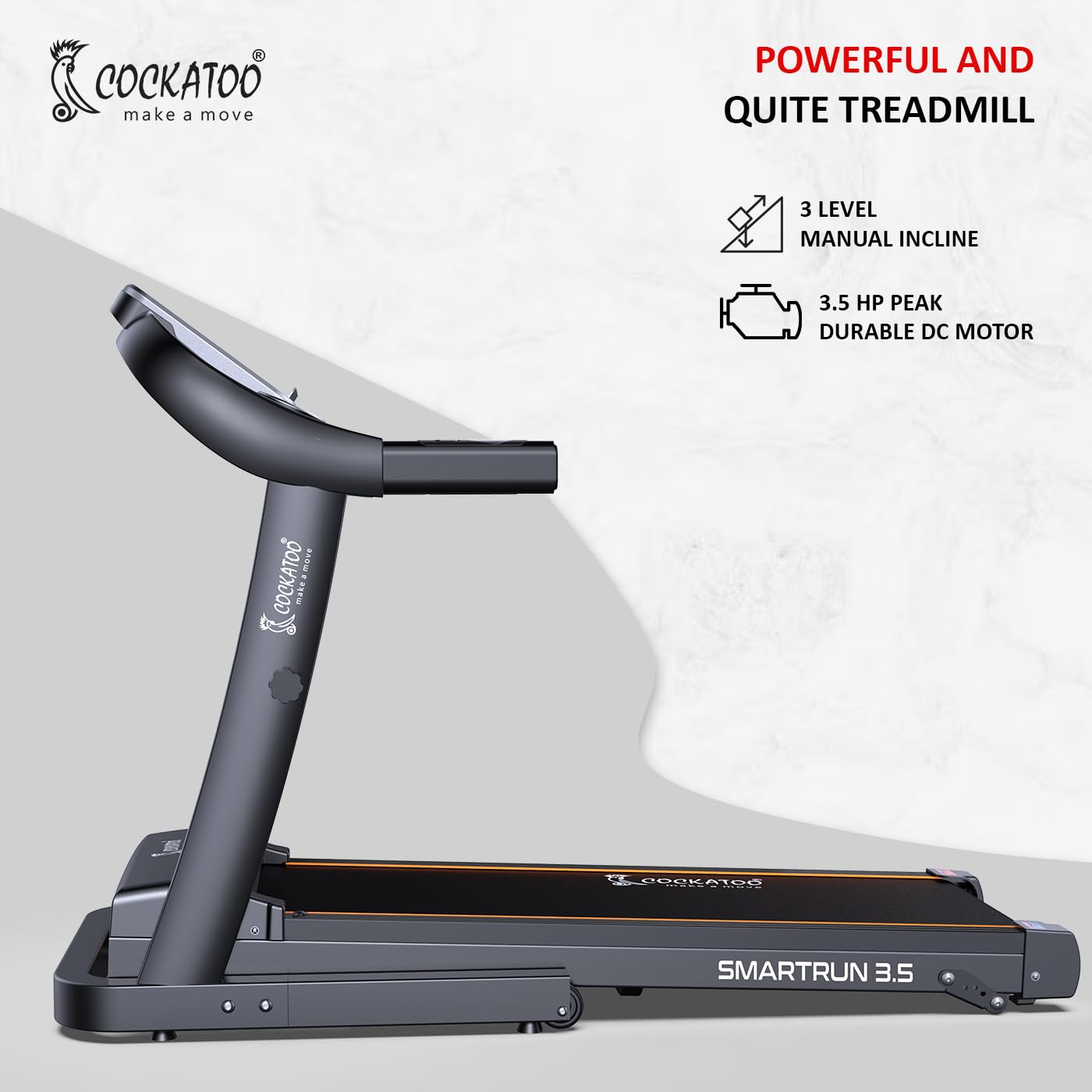 Cockatoo SmartRun3.5 3.5HP Peak DC Motorized Treadmill for Home, with 3 Level Manual Incline, Max Speed 16 Km/Hr, Max User Weight 120Kg,(DIY, Do It Yourself Installation) - Image 3
