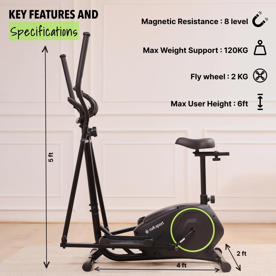 Cult.Sport smartcross Bern Elliptical Cross Trainer | Adjustable Seat | Max Weight: 120kg for Home Gym Fitness with 6 Months Warranty - Image 3