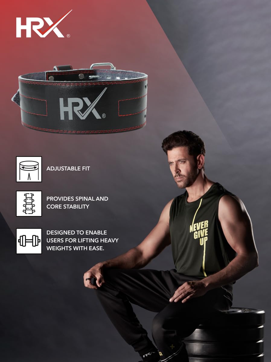 HRX Gym Belt for Weightlifting Workouts Deadlifts Powerlifts | Back Support for Exercise (HRGB02LEBKLR_Black_L) - Image 3
