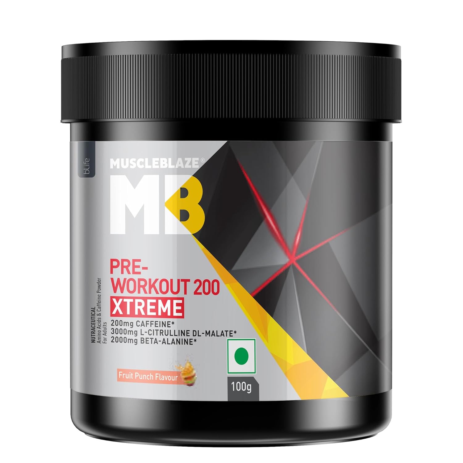 MuscleBlaze Pre Workout 200 Xtreme (Fruit Punch, 15 Servings, 100g) | 200mg Caffeine, 200mg Theanine, 2000mg Beta Alanine, 3000mg Citrulline - Image 2