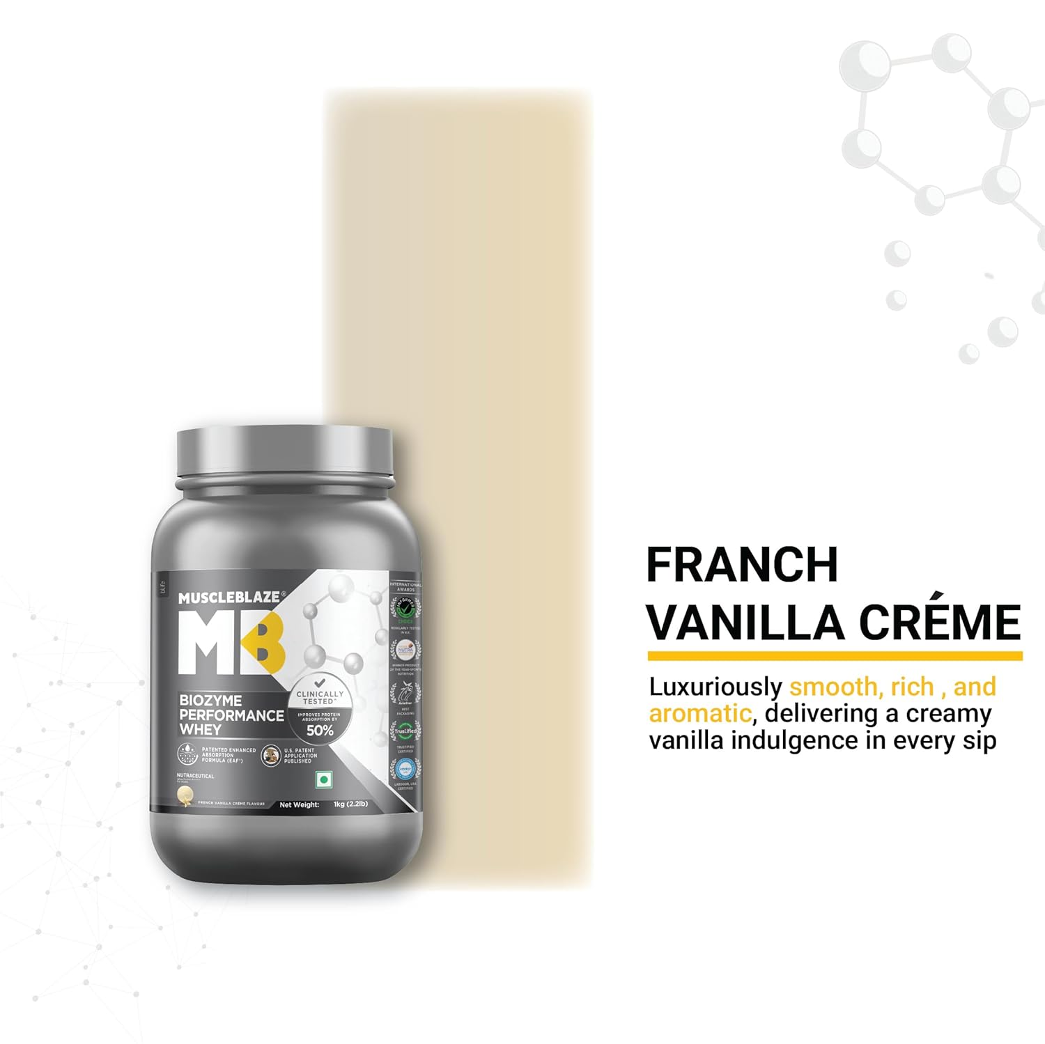 MuscleBlaze Biozyme Performance Whey Protein Powder, French Vanilla Creme (1kg / 2.2lbs) | 25g Protein Per Scoop | Clinically Tested 50% Higher Protein Absorption - Image 7