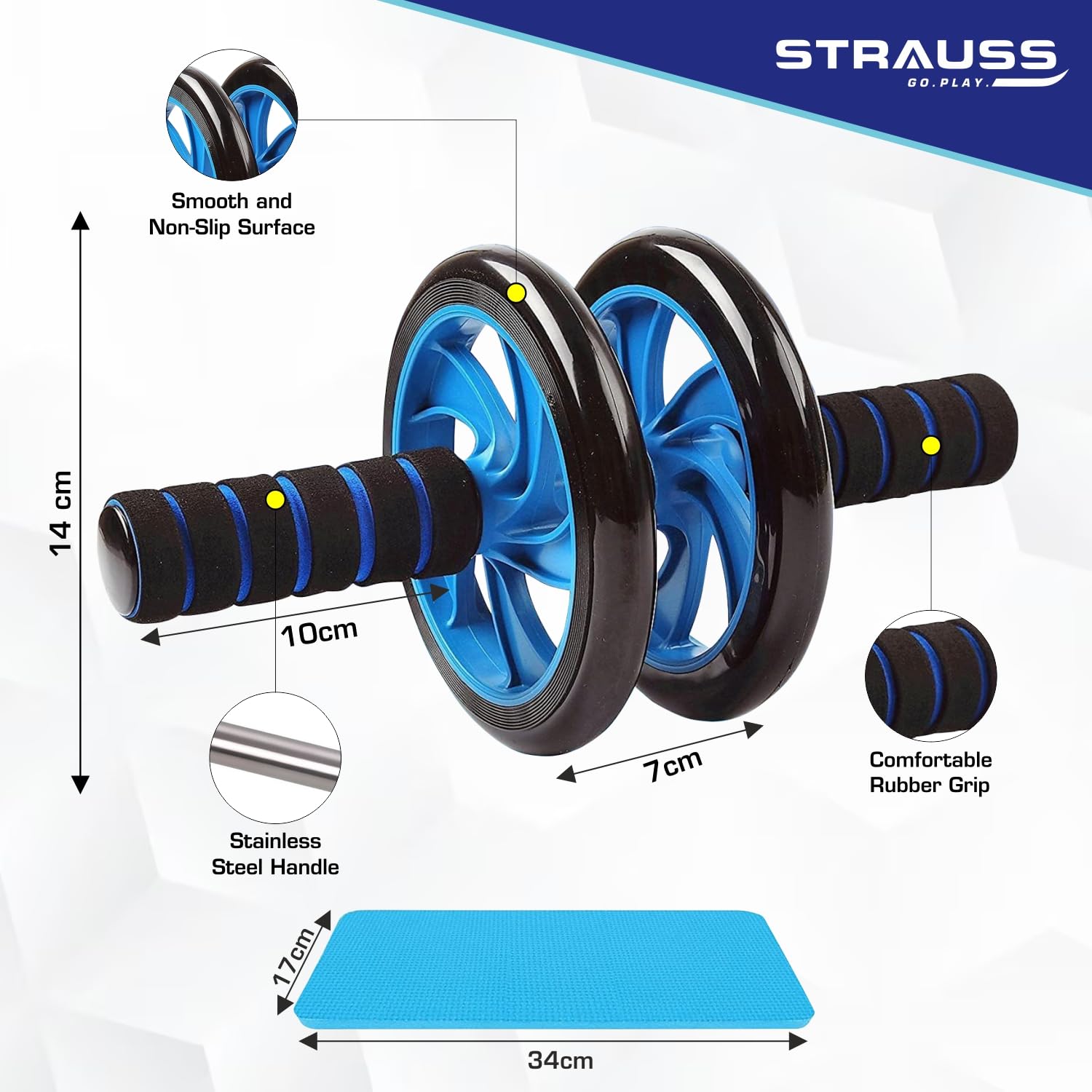 Strauss Double Wheel Ab Exerciser with Knee Mat | Anti Skid Wheel Base,Non Slip Foam Handles & Dual Abdominal Exercise | Core Workout | Ideal for Home Workout for Abs, Tummy, (Blue) - Image 3