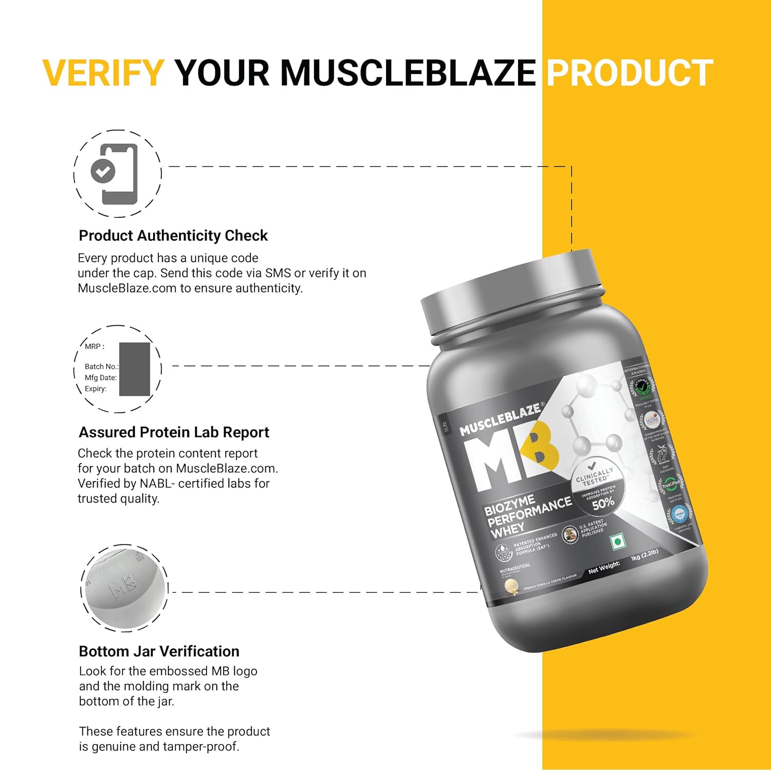 MuscleBlaze Biozyme Performance Whey Protein Powder, French Vanilla Creme (1kg / 2.2lbs) | 25g Protein Per Scoop | Clinically Tested 50% Higher Protein Absorption - Image 5