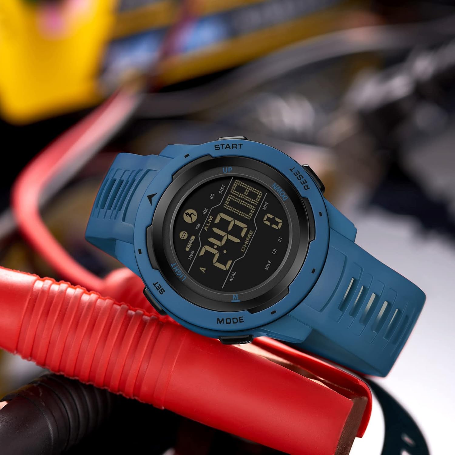 Step Counter Fitness Tracker Watches for Men, Men's Digital Sports Yellow Watch IP68 Waterproof with Pedometer Calorie Dual Time Countdown Stopwatch, Tactical Military Outdoor Survival Hiking, Blue, - Image 3