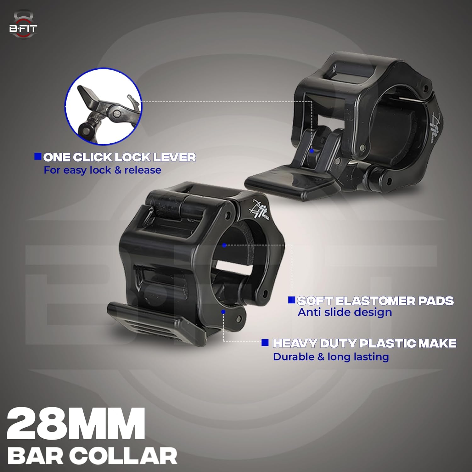 B Fit Olympic/Regular Barbell Collars (Pair)- Solid Nylon/ABS/Aluminium Locking Clamps Size 25/28/50 MM Optional (28 MM Regular) - Image 3