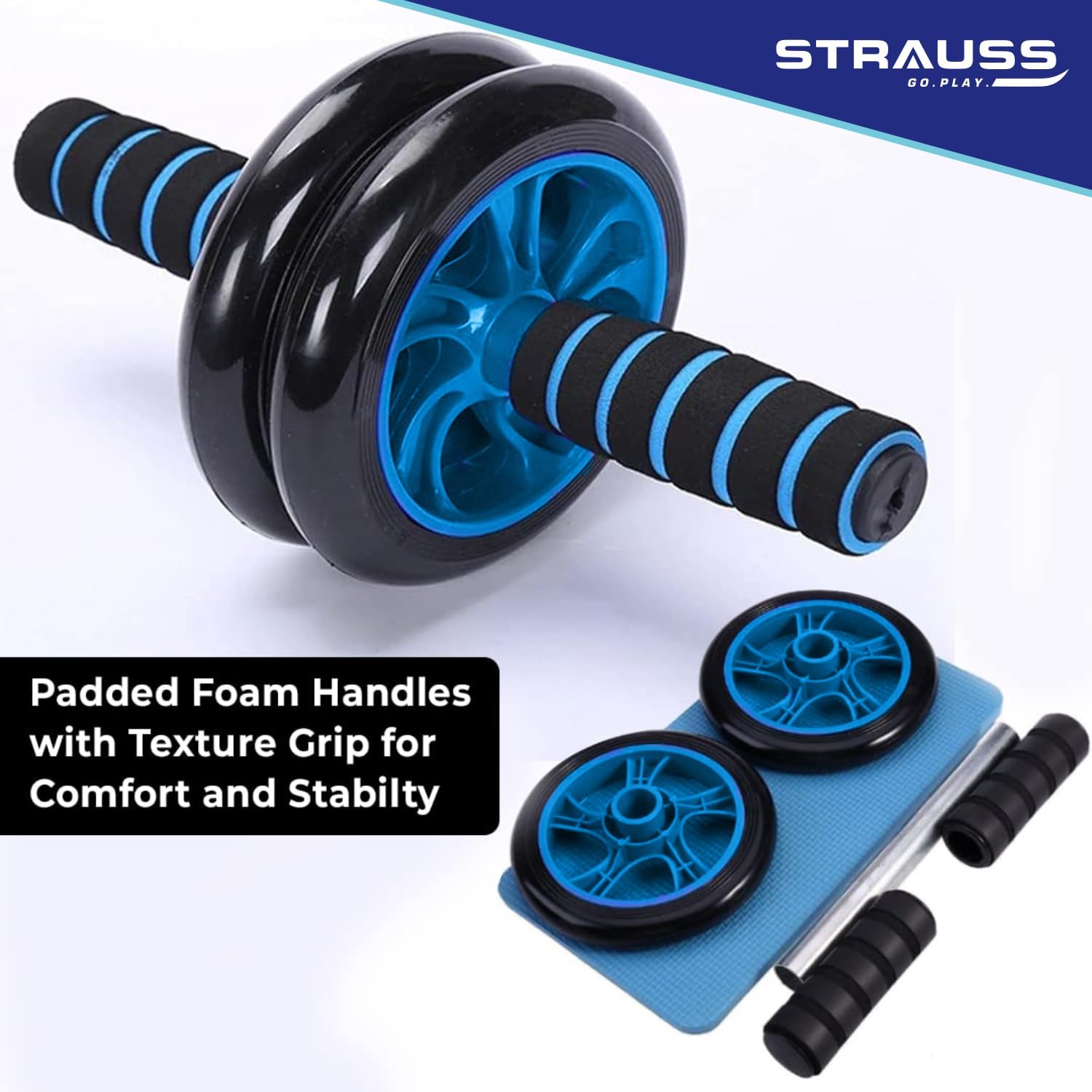 Strauss Double Wheel Ab Exerciser with Knee Mat | Anti Skid Wheel Base,Non Slip Foam Handles & Dual Abdominal Exercise | Core Workout | Ideal for Home Workout for Abs, Tummy, (Blue) - Image 7