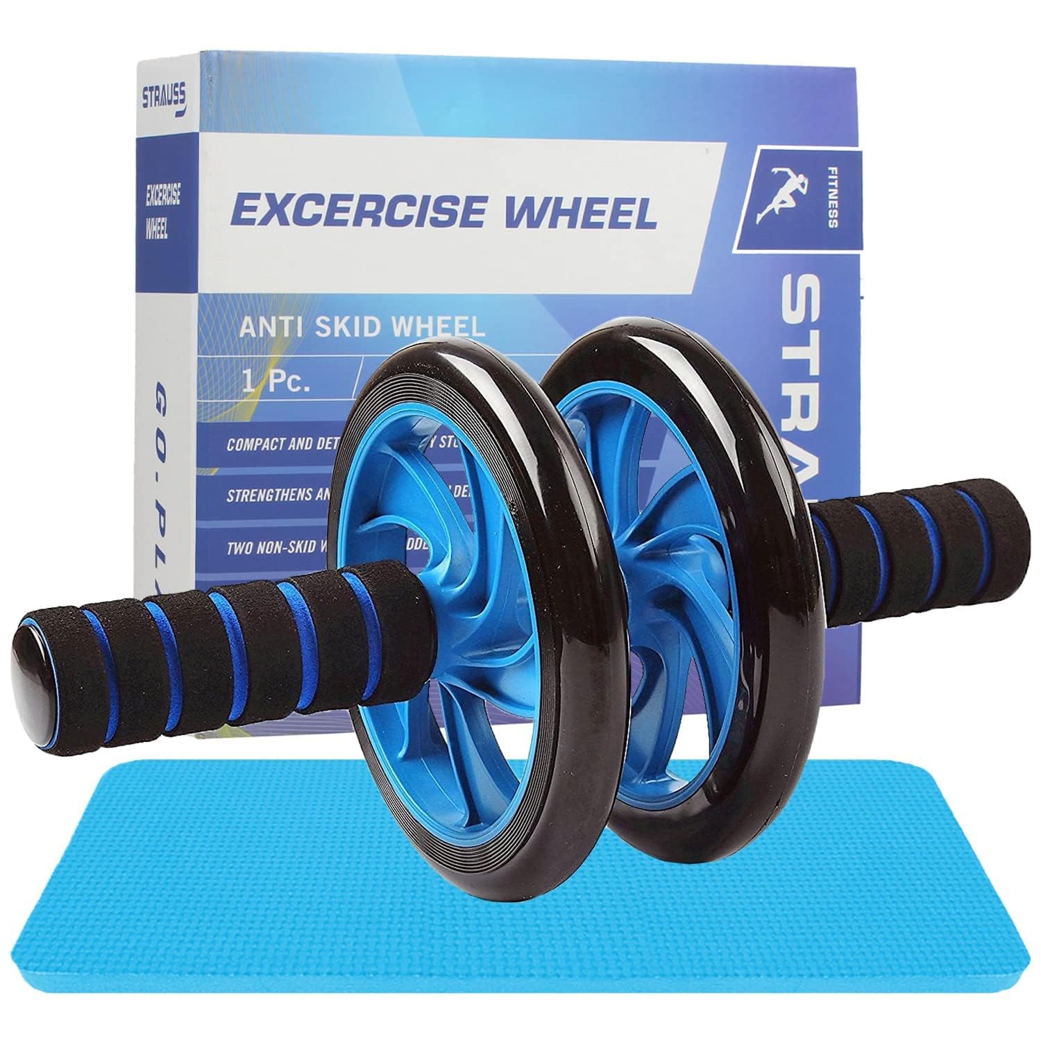 Strauss Double Wheel Ab Exerciser with Knee Mat | Anti Skid Wheel Base,Non Slip Foam Handles & Dual Abdominal Exercise | Core Workout | Ideal for Home Workout for Abs, Tummy, (Blue) - Image 2