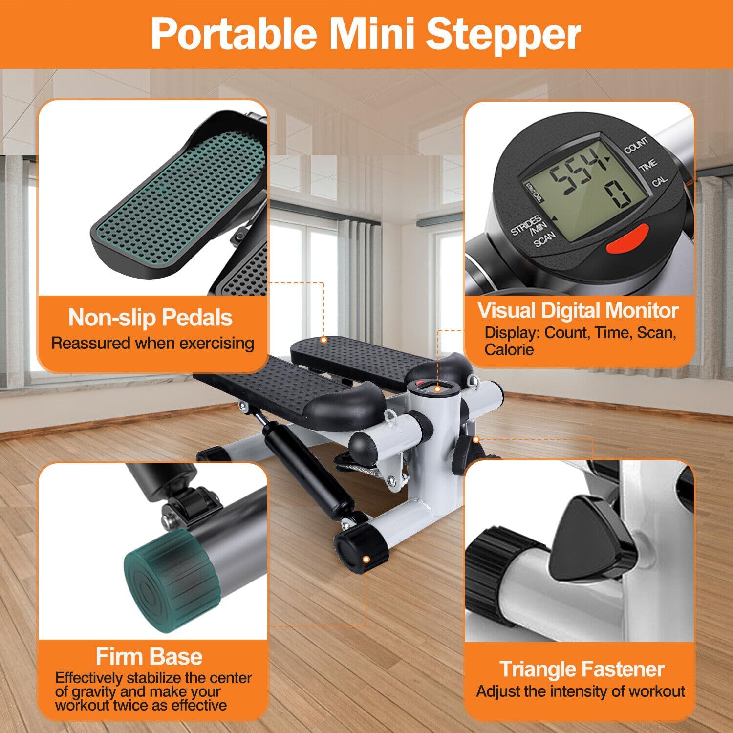 Portable 2-in-1 Mini Stepper Machine with Adjustable Resistance Bands, LCD Monitor,Legs, Thighs, Waist,Tone Your Buttocks, Cardio Exercise and 2 Bungee Cords for Home/Gym Workouts for All. - Image 8