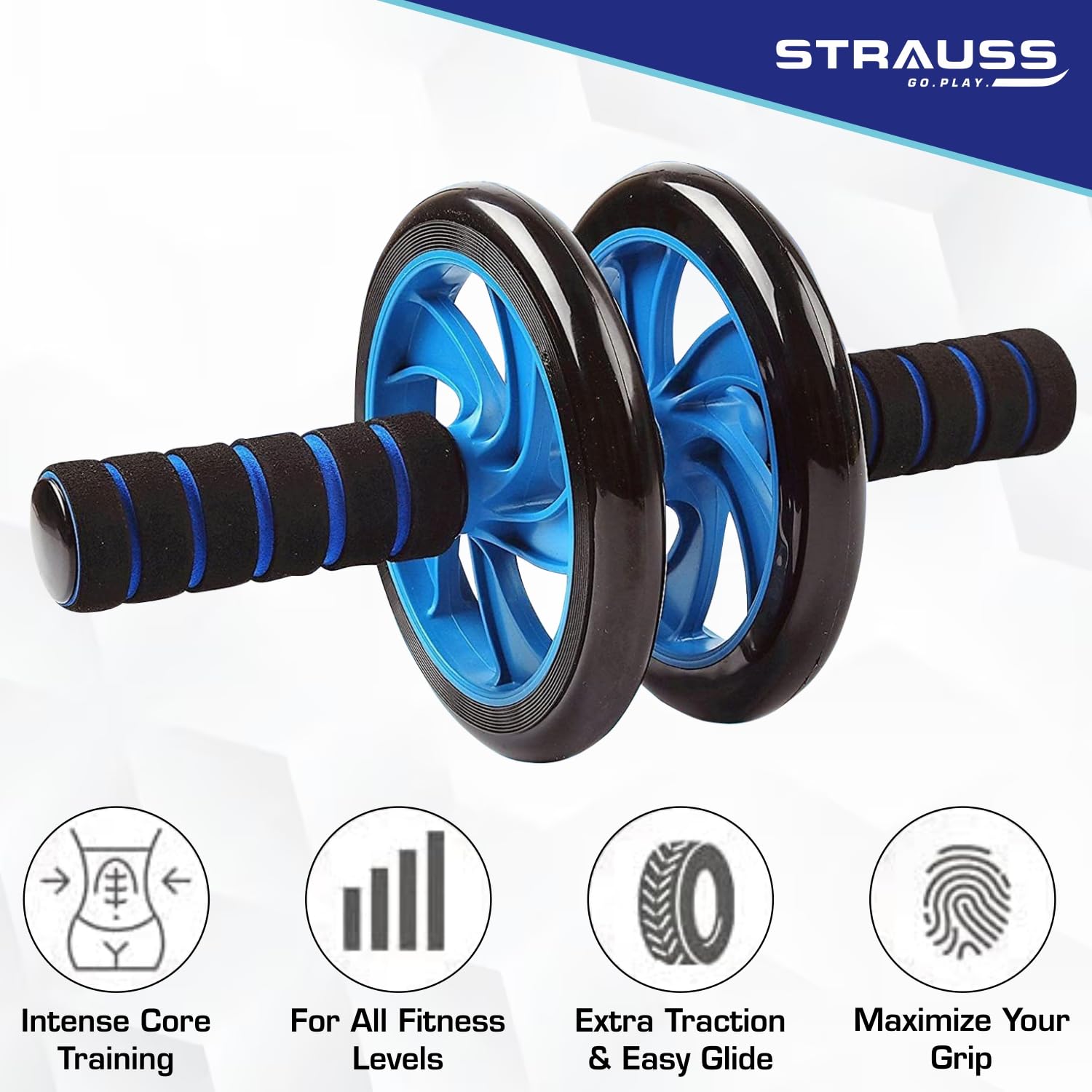 Strauss Double Wheel Ab Exerciser with Knee Mat | Anti Skid Wheel Base,Non Slip Foam Handles & Dual Abdominal Exercise | Core Workout | Ideal for Home Workout for Abs, Tummy, (Blue) - Image 4