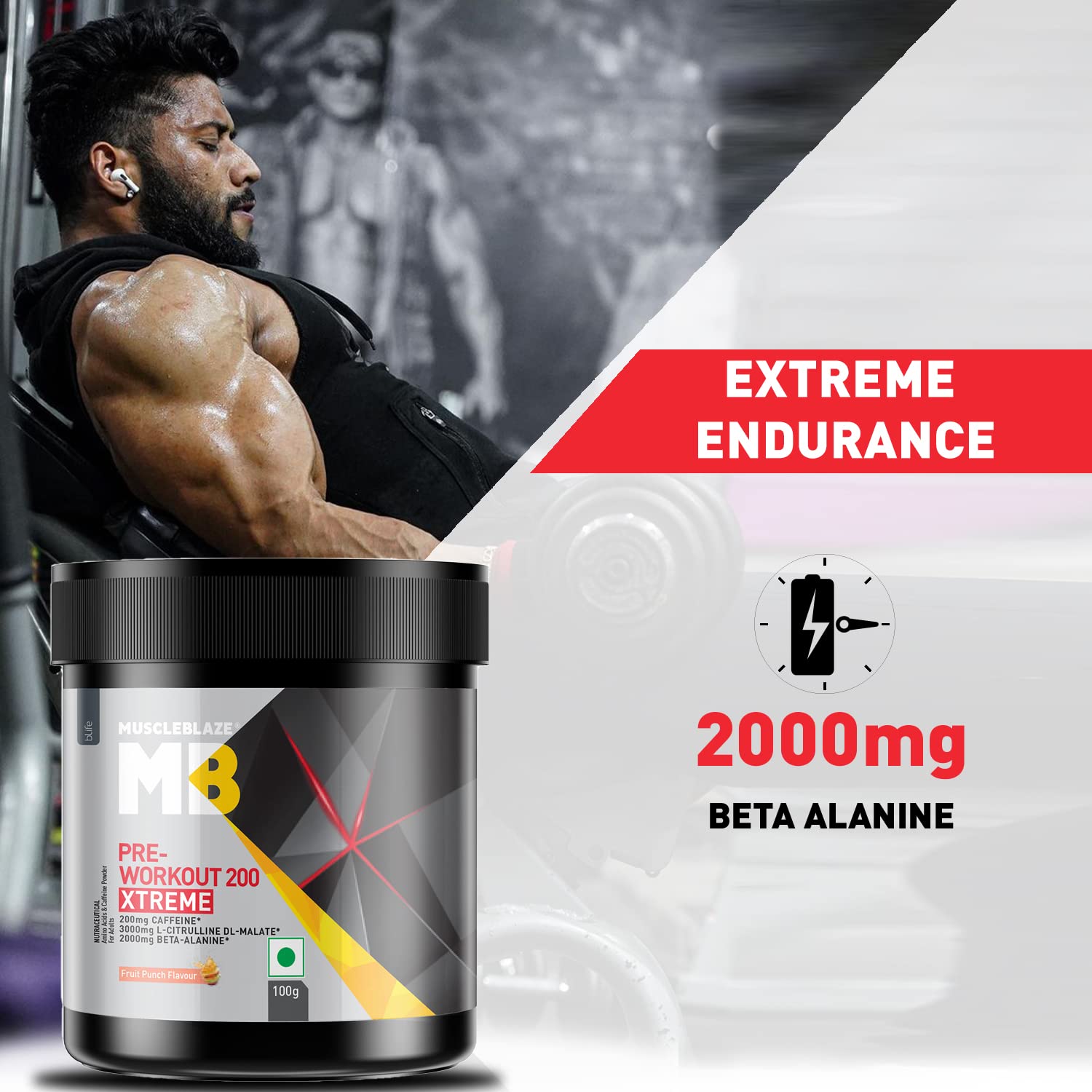 MuscleBlaze Pre Workout 200 Xtreme (Fruit Punch, 15 Servings, 100g) | 200mg Caffeine, 200mg Theanine, 2000mg Beta Alanine, 3000mg Citrulline - Image 4