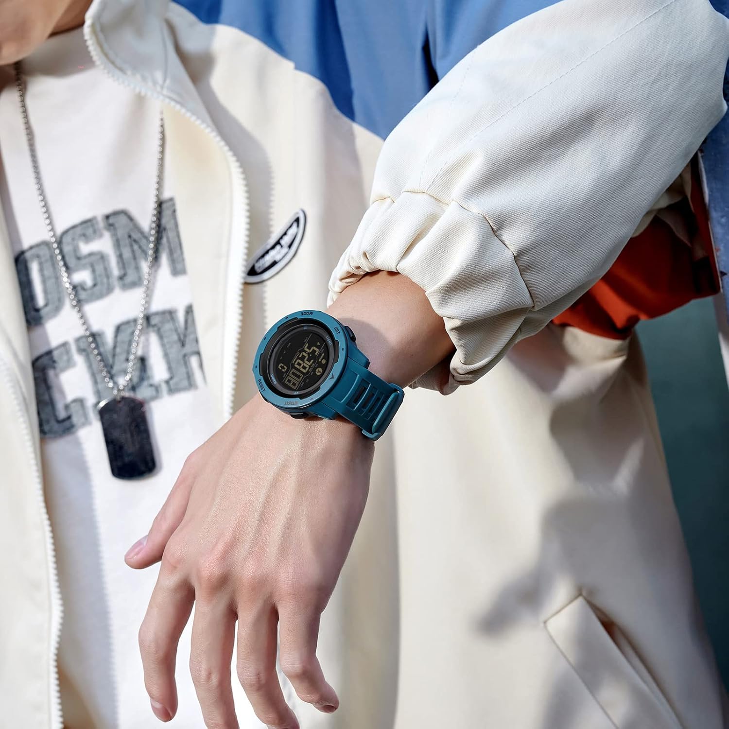 Step Counter Fitness Tracker Watches for Men, Men's Digital Sports Yellow Watch IP68 Waterproof with Pedometer Calorie Dual Time Countdown Stopwatch, Tactical Military Outdoor Survival Hiking, Blue, - Image 5