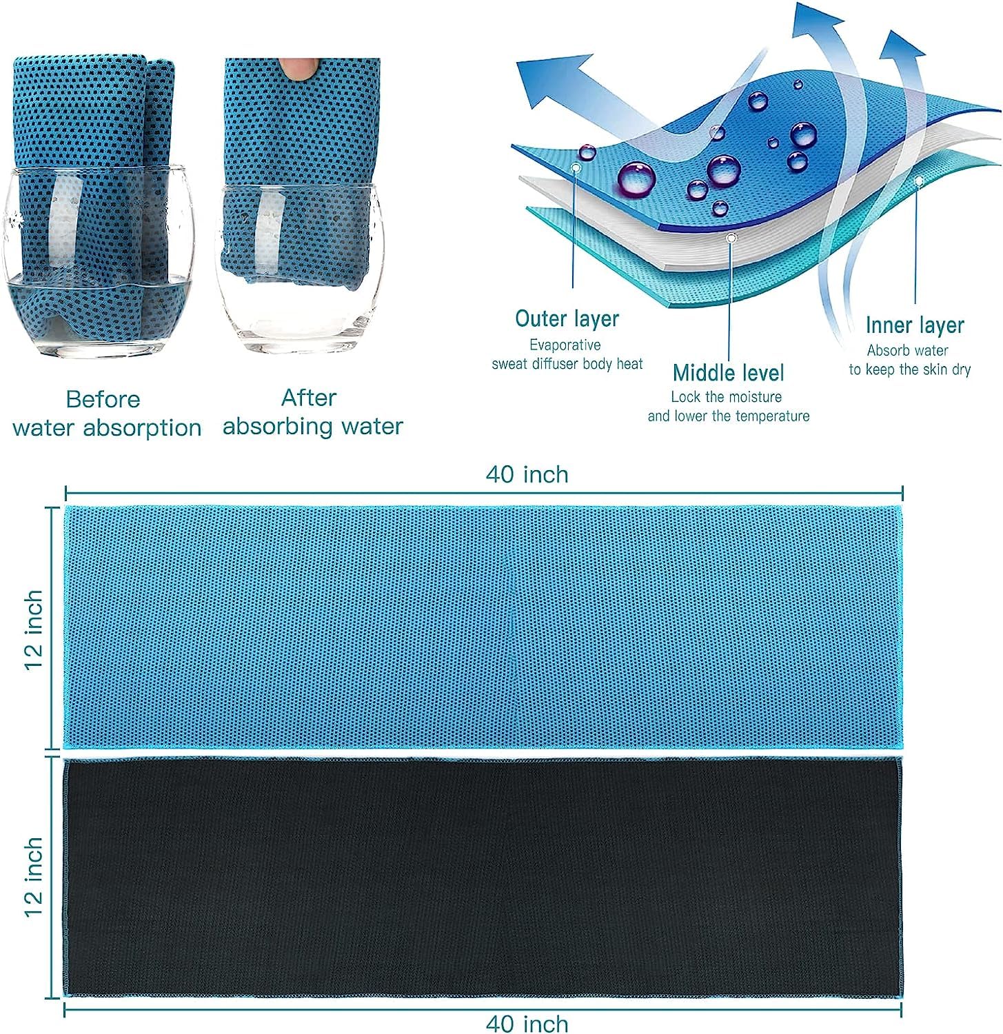 2 Pack Cooling Towel, Soft Breathable Chilly Towel, Ice Towel, Microfiber Towel for Yoga, Sport, Running, Workout,Gym, Camping, Fitness, Workout & More Activities(Multicolor),(40"x12") Inches. - Image 3