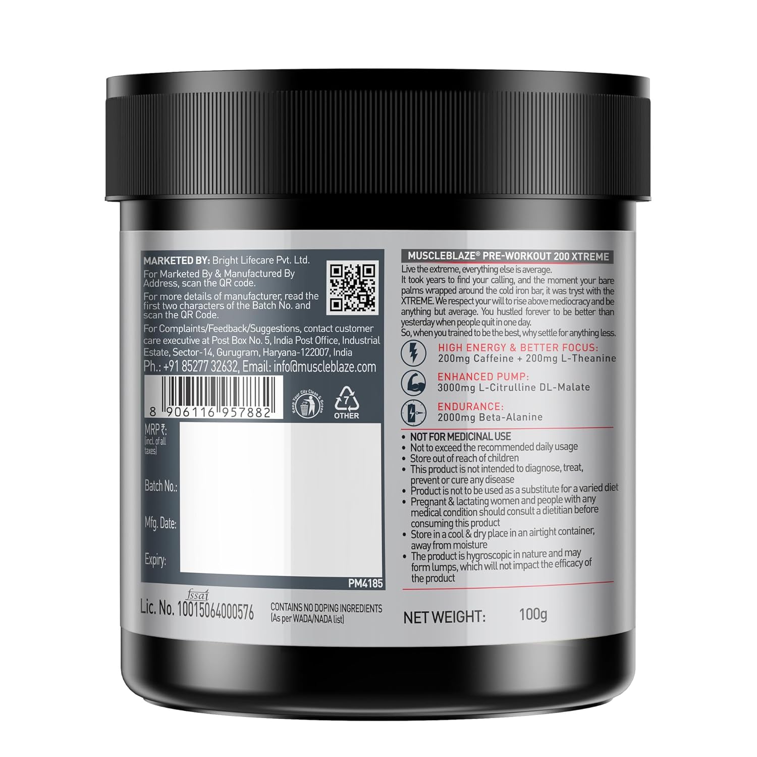 MuscleBlaze Pre Workout 200 Xtreme (Fruit Punch, 15 Servings, 100g) | 200mg Caffeine, 200mg Theanine, 2000mg Beta Alanine, 3000mg Citrulline - Image 9