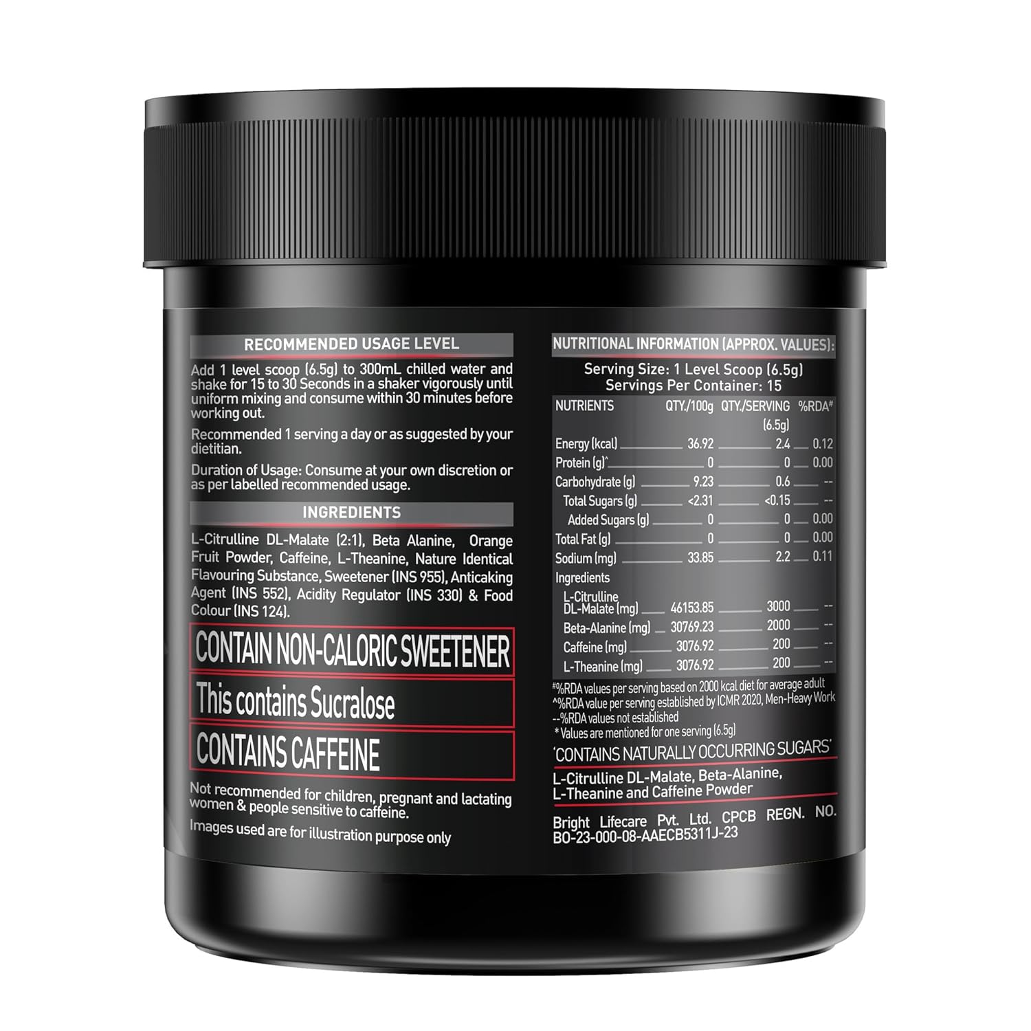 MuscleBlaze Pre Workout 200 Xtreme (Fruit Punch, 15 Servings, 100g) | 200mg Caffeine, 200mg Theanine, 2000mg Beta Alanine, 3000mg Citrulline - Image 3