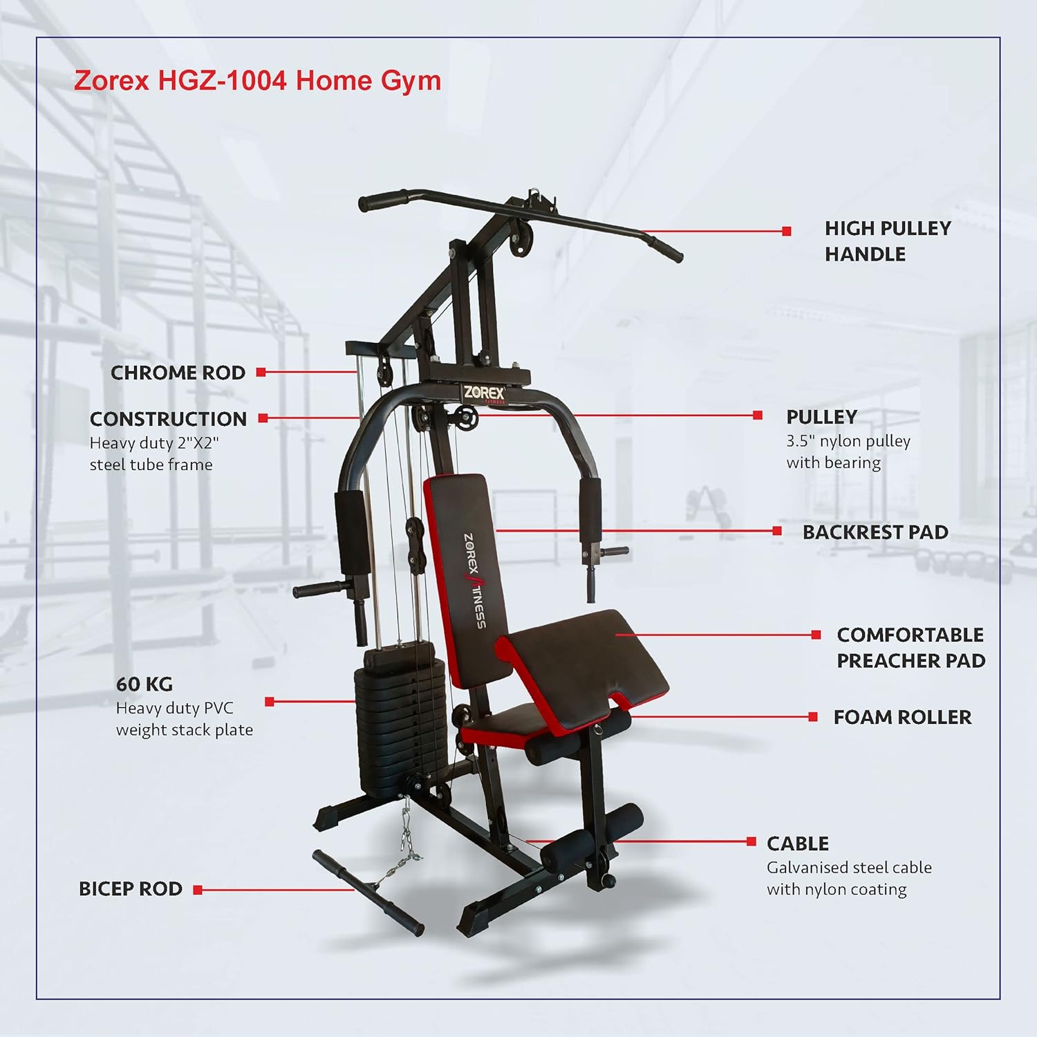 Fitness Multi Home Gym Multiple Muscle Workout Exercise Machine Chest Biceps Shoulder Back Triceps Legs for Men at Home, 60kg Weight Stack, Made in India (HGZ-1004) - Image 4