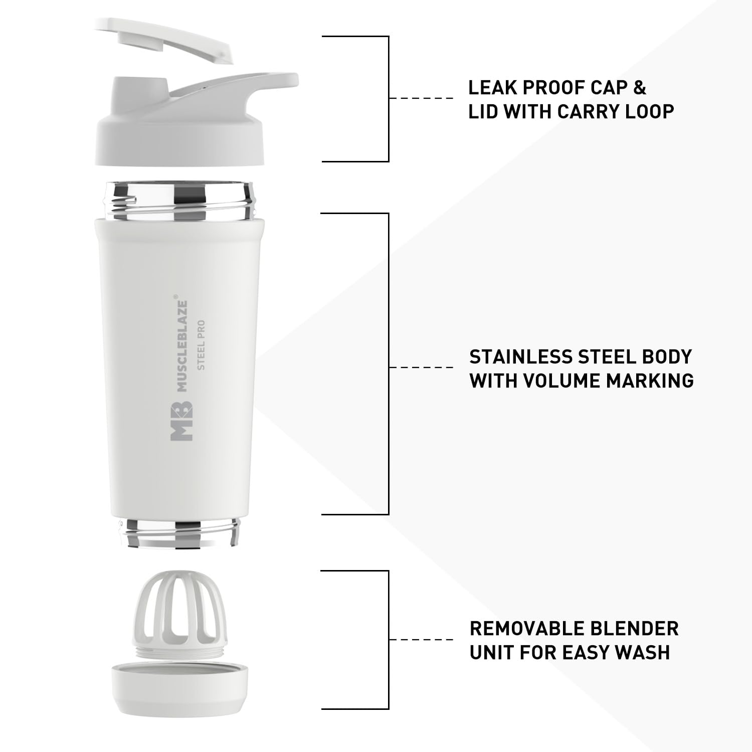 MuscleBlaze Steel Pro Shaker 700 ml with Steel Whisk, Leakproof Gym Shaker Bottle for Supplements, Pristine White - Image 5