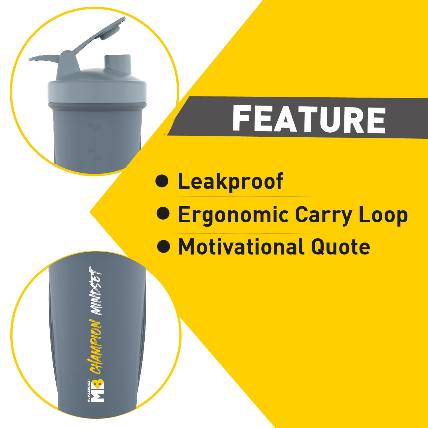 Muscleblaze Champion Shaker Series, Grey, 650 Ml, Sipper Bottle With Whisk Ball, 100% Leakproof, Bpa Free Protein Shaker Bottle - Plastic - Image 3